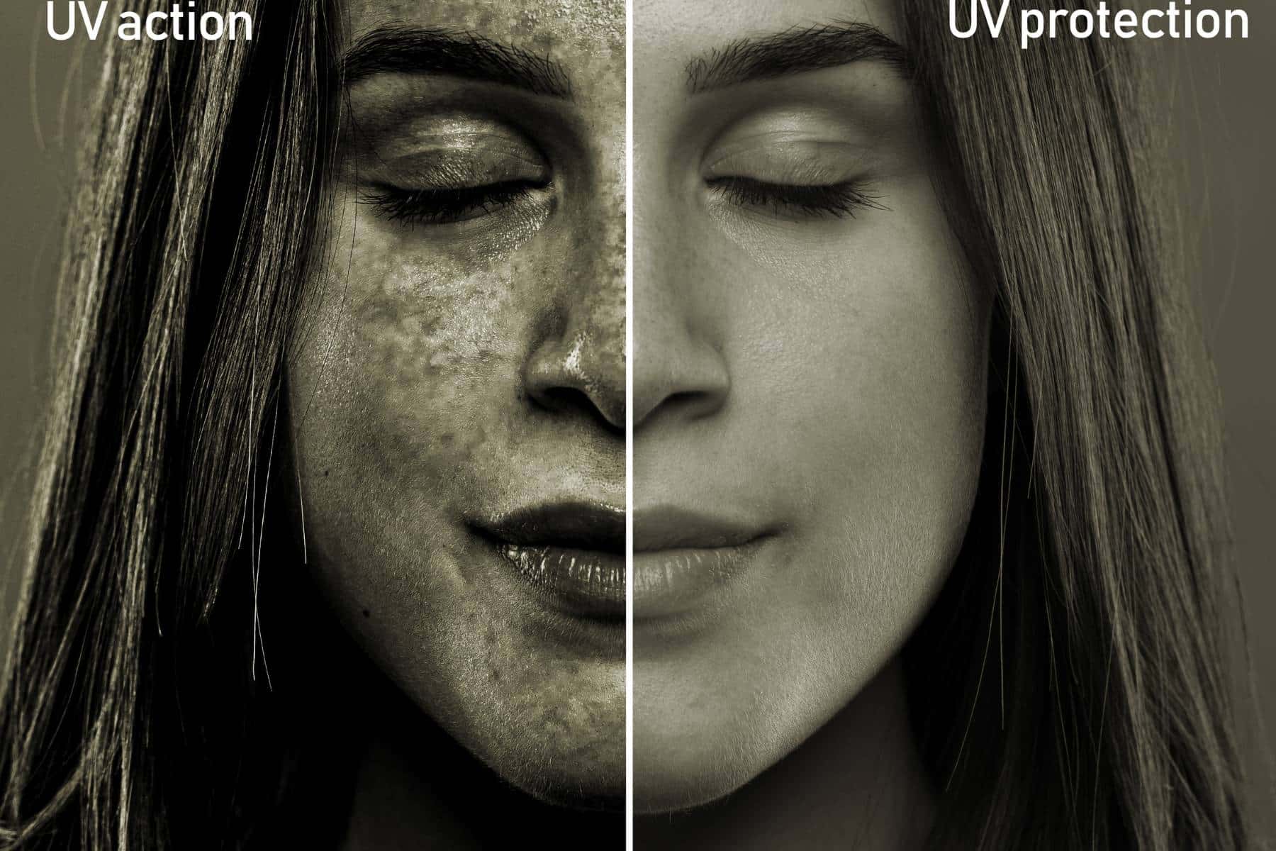 A split screen showing the results of sun rays on the soft face of a girl in her early twenties. After effects of skin with and without UV protection.